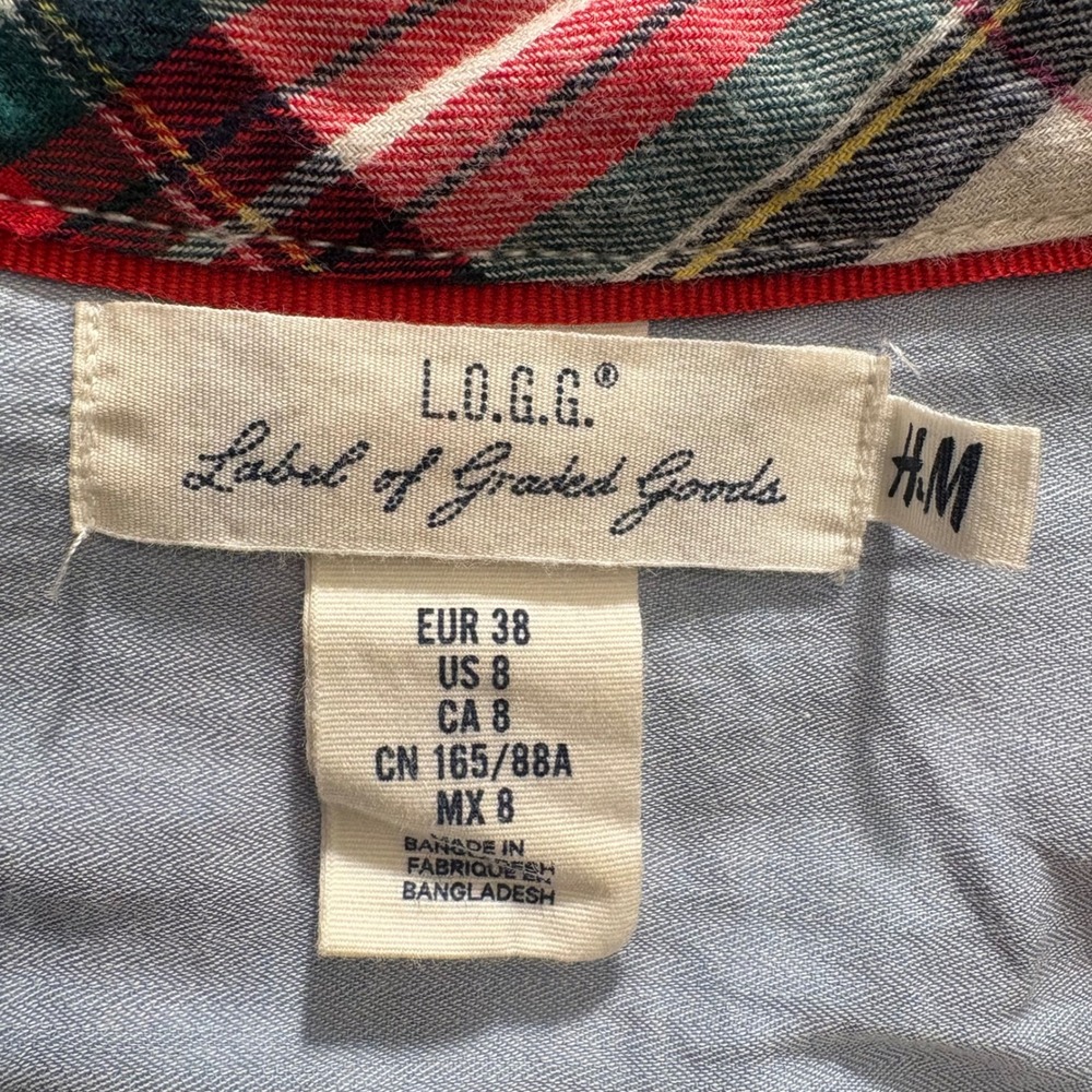 LOGG H&M Womens 8 Red Plaid Flannel Button Down Shirt Corduroy Patches Preppy - Picture 3 of 10